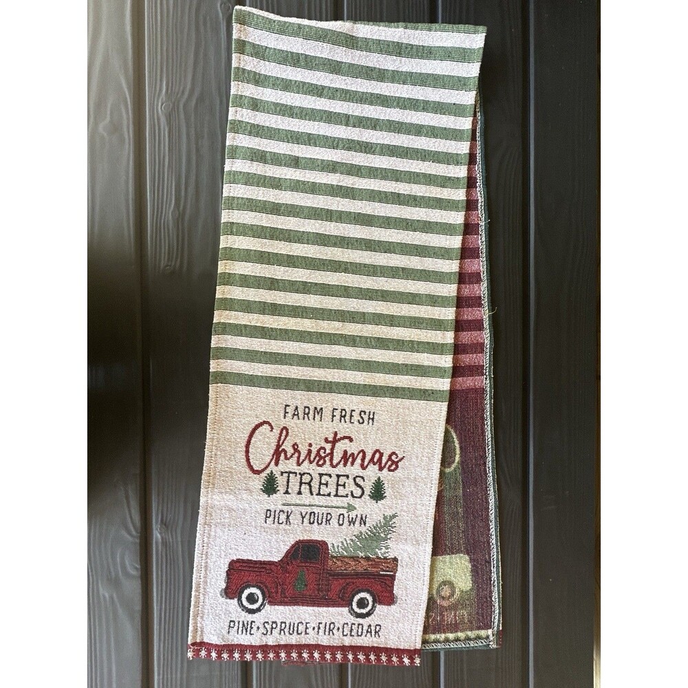 Christmas Table Runner Farm Fresh Trees Red Truck Holiday Woven Fabric 12x66